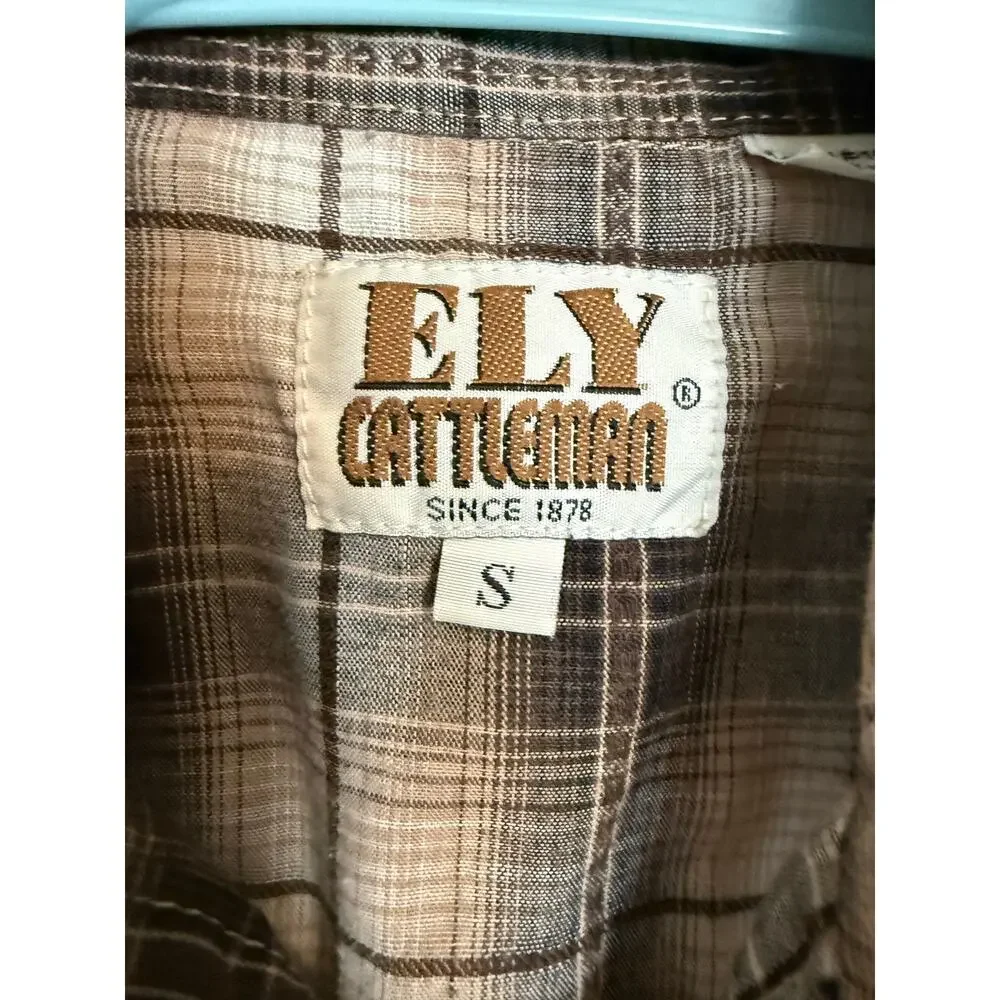 ELY Cattleman Kids Western Pearl Snap Plaid Shirt Brown Long Sleeve Small